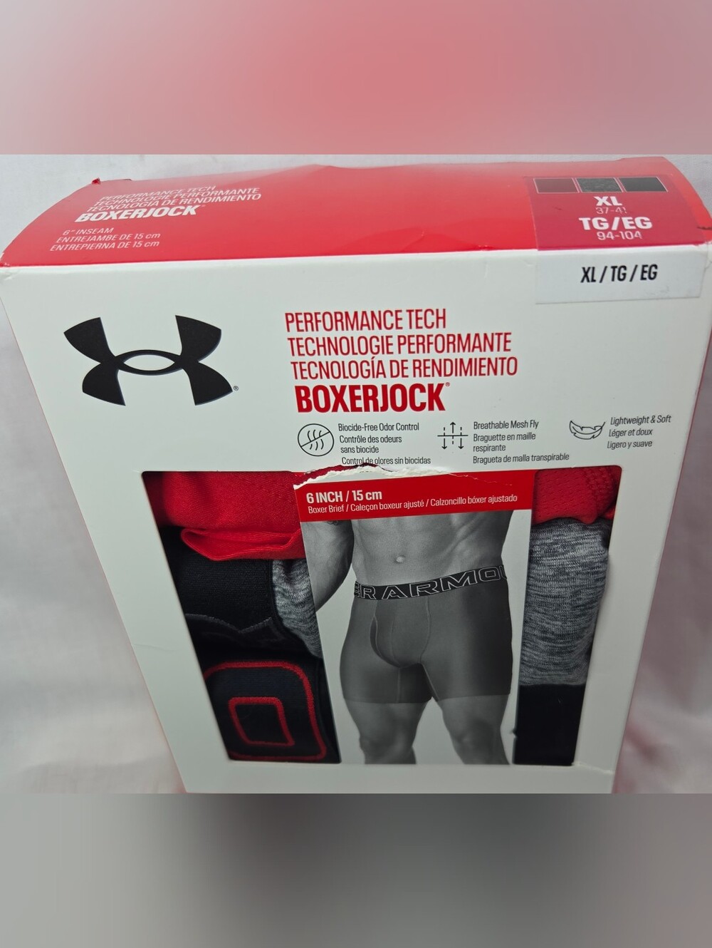 Under Armour Performance Tech Boxerjock 6 Inch 3 Pack Mens Sz XL Red Gray Black